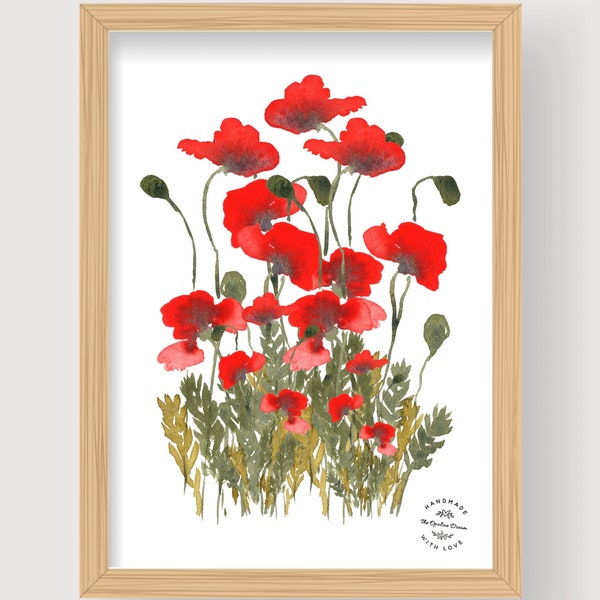 Illustratie aquarel coquelicots 21 x 30cm op papier 100% katoen om in te lijsten of te kopen