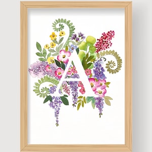 Monograma floral aquarela, Lettre personnalisée peinte à la main oeuvre originale 28 x 38 cm sur papier 100 coton, Cadeau exclusivo