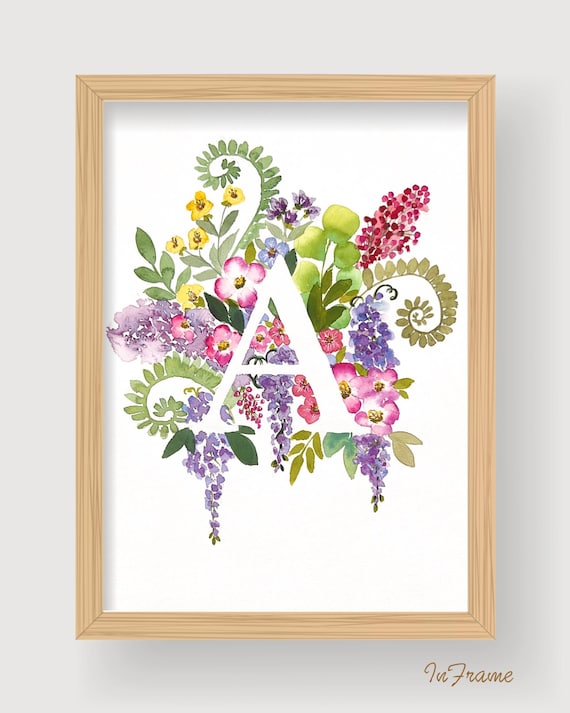 Floral Watercolor Monogram Print: Hand-Painted Letter Art (28x38 cm)