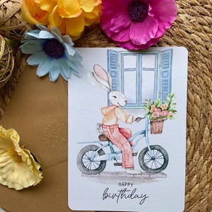 Carte d'anniversaire Aquarelle Lapin à Vélo – Illustration avec enveloppe 148 x 210 cm