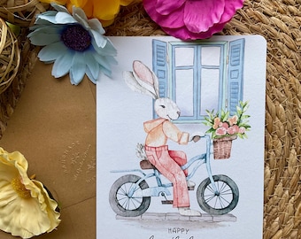 Carte d'anniversaire Aquarelle Lapin à Vélo – Illustration avec enveloppe 148 x 210 cm
