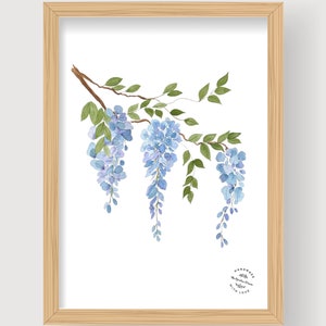 May include: A framed watercolour painting of a wisteria branch with delicate purple flowers hanging down. The painting is set against a white background and has a wooden frame.