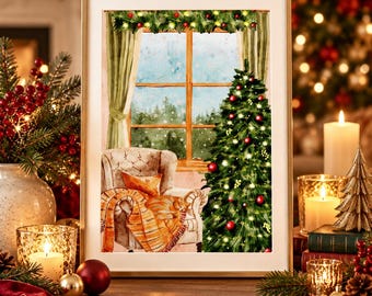May include: A framed watercolor print depicting a cozy indoor scene with a window looking out onto a snowy forest. Inside, a decorated Christmas tree stands next to an armchair draped with an orange plaid blanket and a sleeping cat.