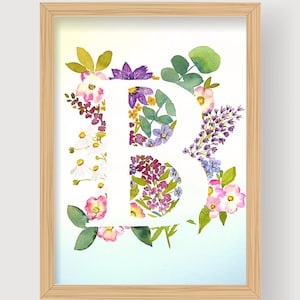 Monograma floral aquarela, Lettre personnalisée peinte à la main oeuvre originale 28 x 38 cm sur papier 100 coton, Cadeau exclusivo