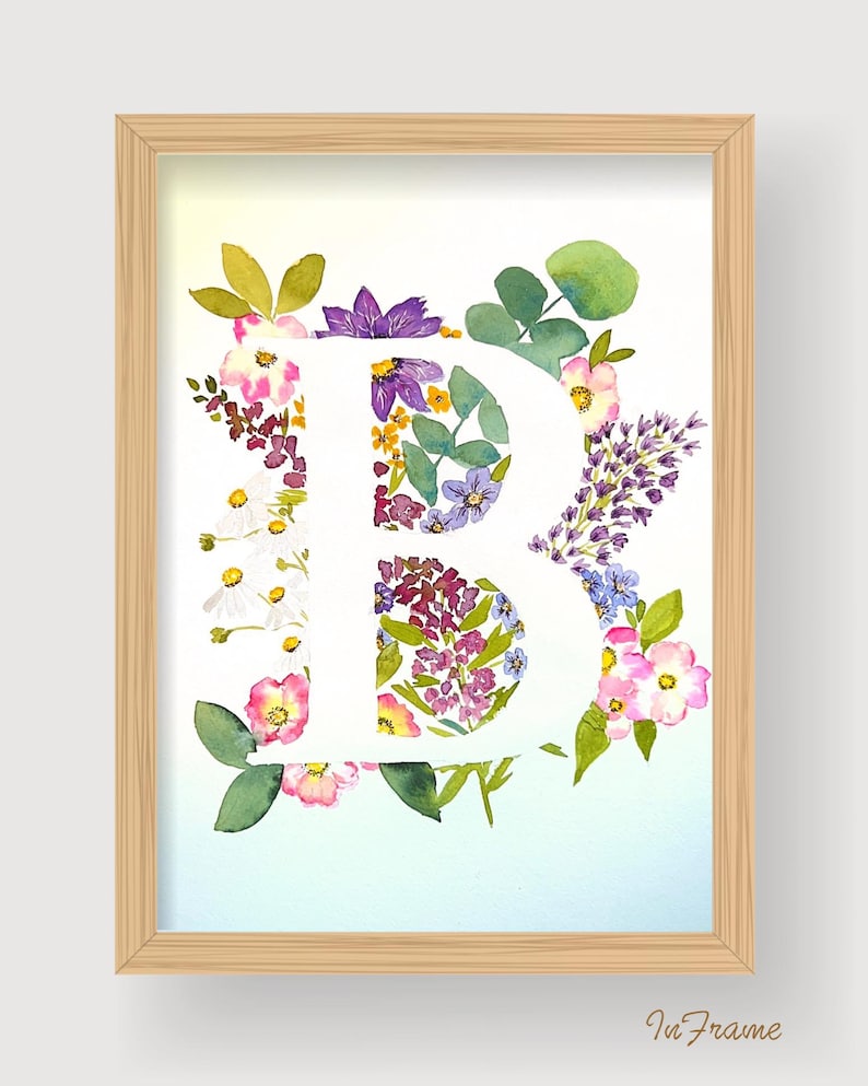 May include: A watercolour painting of the letter "B" made up of colourful flowers. The letter is white and the flowers are pink, purple, blue, yellow, and green. The background is a light blue gradient.