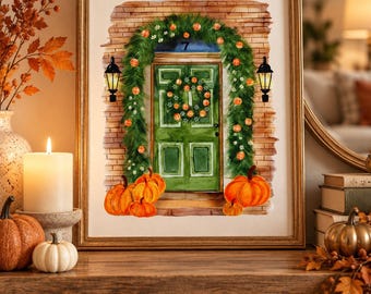 May include: A framed watercolor print depicting a green front door with the number 7 above it, surrounded by a pine garland with orange pumpkins and small white flowers. Two black wall lanterns flank the door, and orange pumpkins sit at the base.