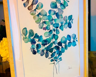 Magnifique Aquarelle originale « Bleu d'eucalyptus «  dimensions 50 x70 cm vendu avec ou sans cadre. Peinte à la main sur papier 100% coton