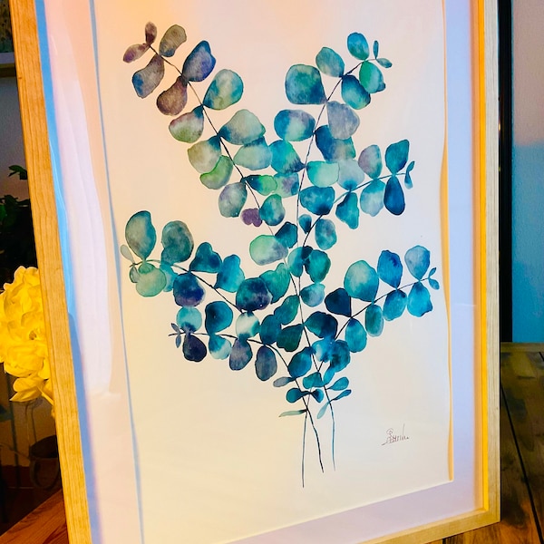 Magnifique Aquarelle originale « Bleu d’eucalyptus «  dimensions 50 x70 cm vendu avec ou sans cadre. Peinte à la main sur papier 100%coton