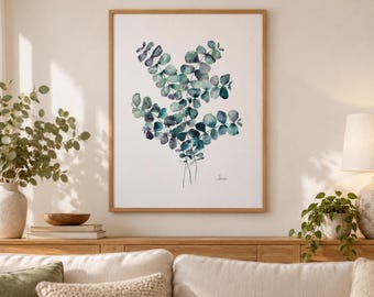 Dipinto originale ad acquerello raffigurante un eucalipto blu, firmato, opera botanica, 50 × 70 cm