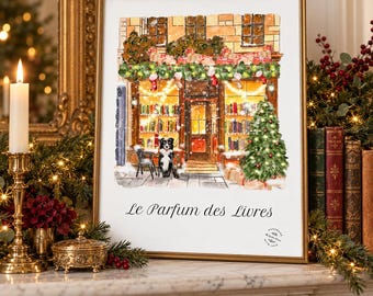 May include: A framed watercolor print depicting a bookstore storefront decorated for the holidays with a Christmas tree, garlands, and stockings. A black and white dog sits in front of the shop. The text Le Parfum des Livres is printed below.