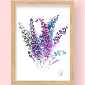 Reproduction  Delphinium - Illustration aquarelle tirage d'art fleurs du jardin, jardin zen, amoureux des fleurs, botanique, art print
