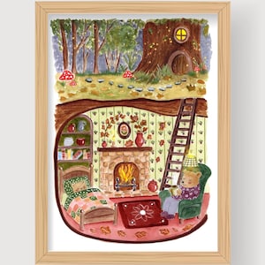 Original Watercolor Illustration – Cozy Autumn Treehouse Scene – A4 Hand-Painted Artwork
