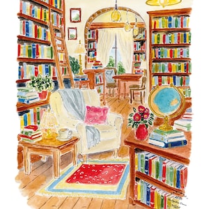 Może przedstawiać: Akwarelowa ilustracja wnętrza biblioteki z regałami od podłogi do sufitu, kremowym fotelem z szarym kocem, drewnianym stolikiem, globusem i czerwonym dywanem. Tekst na dole brzmi: L&agrave; ou les livres respirent...