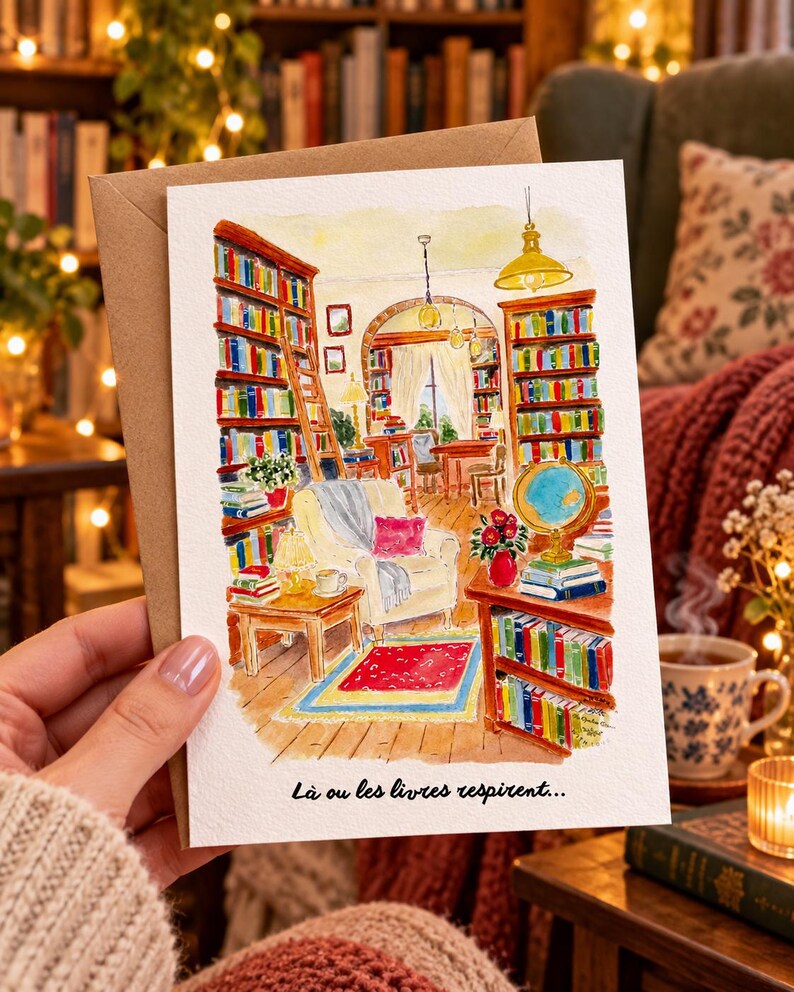 Może przedstawiać: Akwarelowa kartka okolicznościowa przedstawiająca przytulną bibliotekę z wysokimi regałami, wygodnym fotelem, globusem i małym stolikiem. Tekst na dole kartki brzmi "L&agrave; ou les livres respirent..." i jest napisany czarną kursywą.