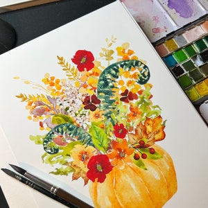 Illustration Pumpkin Watercolor Flowers Fine Art Print Floral Poster Frame Not Included Hand Painted Watercolor A4 decoration