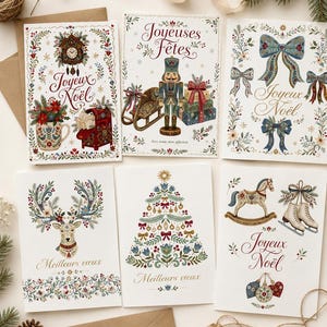 Peut inclure: Six cartes de vœux rectangulaires illustrées de motifs de fêtes incluant un coucou, un casse-noisette, des nœuds, un renne, un sapin de Noël et un cheval à bascule, avec les textes Joyeux Noël et Meilleurs vœux.