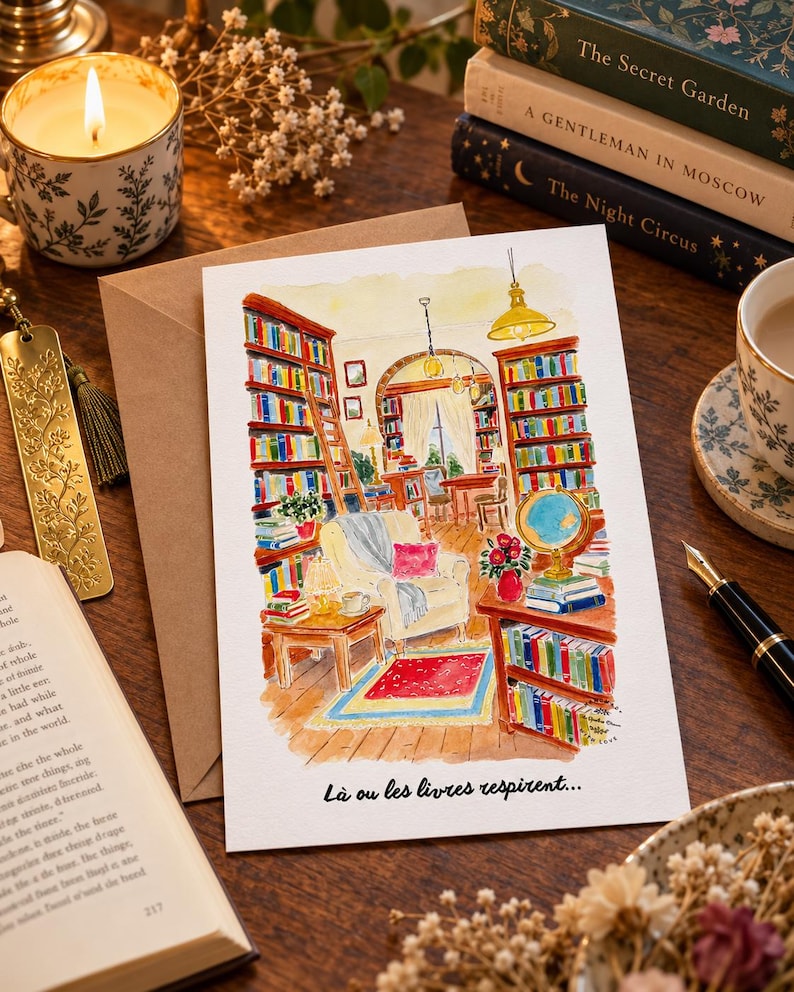 Może przedstawiać: Prostokątna kartka okolicznościowa z akwarelową ilustracją przytulnego wnętrza biblioteki z regałami na książki, wygodnym fotelem, globusem oraz nadrukowanym francuskim tekstem "L&agrave; ou les livres respirent..."