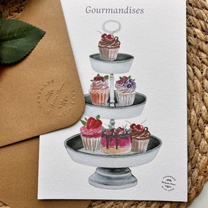 Carte + enveloppe, reproduction d'une illustration à l'aquarelle peinte à la main 150 x 210 cm « Gourmandises »