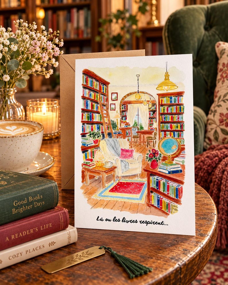 Może przedstawiać: Kartka okolicznościowa z akwarelową ilustracją przytulnego wnętrza biblioteki z regałami od podłogi do sufitu, wygodnym fotelem, globusem i czerwonym dywanem. Tekst na dole brzmi: "L&agrave; ou les livres respirent..."