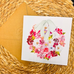 carte et enveloppe kraft illustration aquarelle idée cadeau voeux de saison ou anniversaire ou même Saint-Valentin fait main 14,6 x 14,6 cm