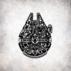 Op de afbeelding: Zwart-witte silhouet van het Millennium Falcon-ruimteschip uit Star Wars. Het iconische ruimteschip is afgebeeld in een gedetailleerd, ingewikkeld ontwerp.