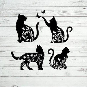 Florale Katzen und Schmetterlinge Grafikdesign für Schneidemaschinen SVG, DXF, & PNG