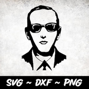 May include: Black and white silhouette of a person wearing sunglasses and a suit.