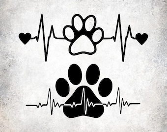 May include: Black and white graphic design of a paw print with a heartbeat line above and below it. The paw print is in the center of the design.
