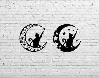 Layered Cat and Moon Graphic Design for Cutting Machines SVG, DXF, & PNG