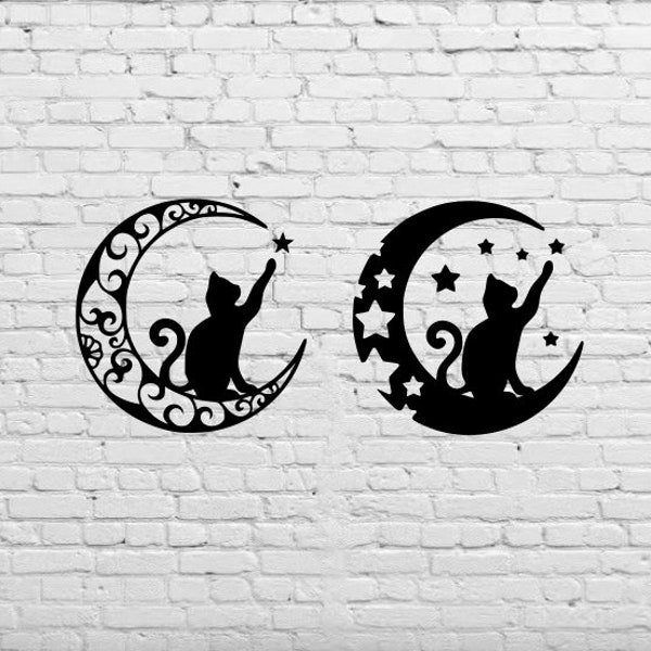 Layered Cat and Moon Graphic Design for Cutting Machines SVG, DXF, & PNG