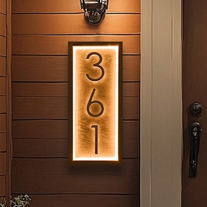 Vertical LED lighted Door Number Plaque, Modern Custom Address Sign, Personalized House Number Sign for Front Door, Housewarming Gift