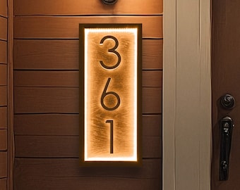 Vertical LED lighted Door Number Plaque, Modern Custom Address Sign, Personalized House Number Sign for Front Door, Housewarming Gift