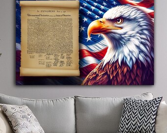 Unabhängigkeitstag Wandkunst, Weißkopfseeadler und Unabhängigkeitserklärung Canvas Art Home Decor mit amerikanischer Flagge für den 4.Juli, USA Origins