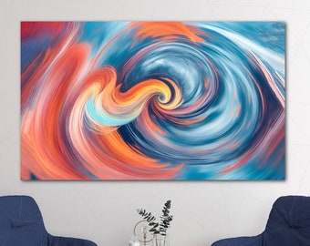 May include: Abstract painting with swirling colors of blue, orange, and red. The colors are blended together to create a sense of movement and energy.