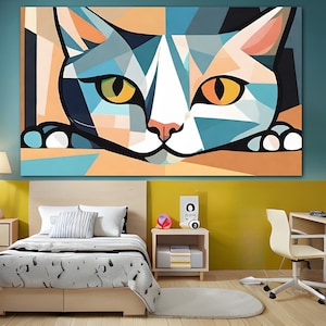 Abstract kleurrijke kat, kleurrijke abstracte kat, abstracte muurkunst, canvas kunst aan de muur, moderne muurkunst, hedendaagse kunst, canvas print, canvas