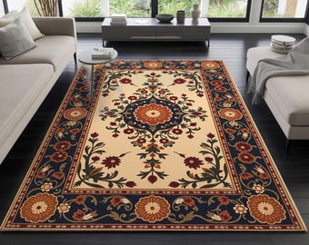 Majestic Botanical Floral Pattern Area Rug – Colorful Chenille Cotton Blend Carpet, Vivid Artistic Design, Washable Home Decor