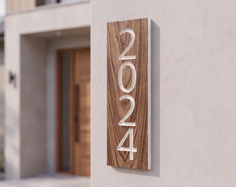 Letrero vertical para número de casa, placa de dirección grabada en madera oscura, placa de dirección alta moderna, decoración exterior personalizada, letrero vertical para calle, regalo
