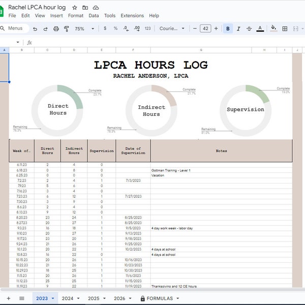 Licensure Hours Tracker for LCPA, LCSW, LPC, etc. Google Sheets