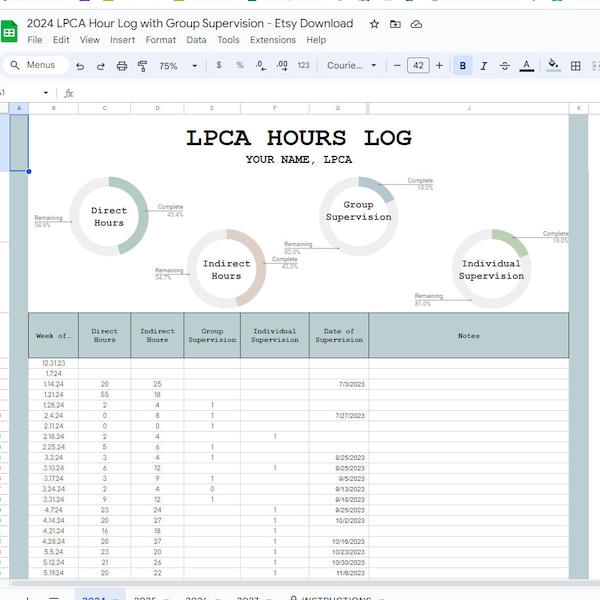 Licensure Hours Tracker (with Group Supervision Category) for LCPA, LCSW, LPC. etc. Google Sheets
