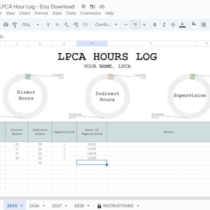 Licensure Hours Tracker for LCPA, LCSW, LPC, etc. Google Sheets