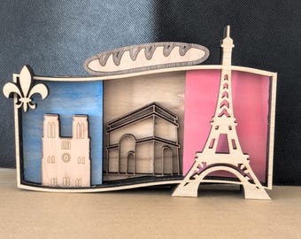 Decoración de la bandera francesa de Francia en madera en capas 3D, recuerdo europeo de París - SOLO ARCHIVO SVG, madera cortada con láser multicapa