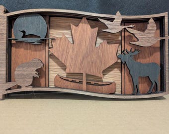 Decoración de bandera canadiense de Canadá con hojas de arce en capas de madera 3D - SOLO ARCHIVO SVG madera cortada con láser multicapa