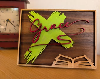 Estantería de madera en capas 3D con palabras de la Biblia de la gracia cristiana de Jesús, decoración con soporte - SOLO ARCHIVO SVG madera cortada con láser multicapa