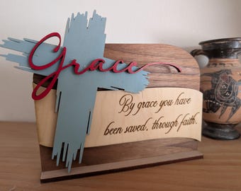Estantería de madera en capas 3D con versículos bíblicos de la gracia de Jesús cristiano con soporte - SOLO ARCHIVO SVG madera cortada con láser multicapa