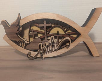 Decoración de Pascua con pez Jesús cristiano (ichthys) de madera en capas 3D - SOLO ARCHIVO SVG madera cortada con láser multicapa