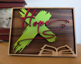 Estantería de madera en capas 3D con palabras bíblicas de esperanza cristiana de Jesús y soporte - SOLO ARCHIVO SVG madera cortada con láser multicapa