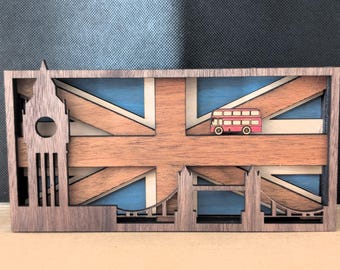Decoración de la bandera del Reino Unido, recuerdo del Reino Unido, madera cortada a láser multicapa, solo archivo SVG