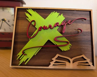 Estantería con palabras bíblicas de coraje cristiano de Jesús en madera en capas 3D, decoración con soporte - SOLO ARCHIVO SVG, madera cortada con láser multicapa