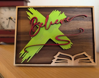 Estantería de madera en capas 3D con diseño cristiano de Jesús y Biblia con soporte - SOLO ARCHIVO SVG madera cortada con láser multicapa