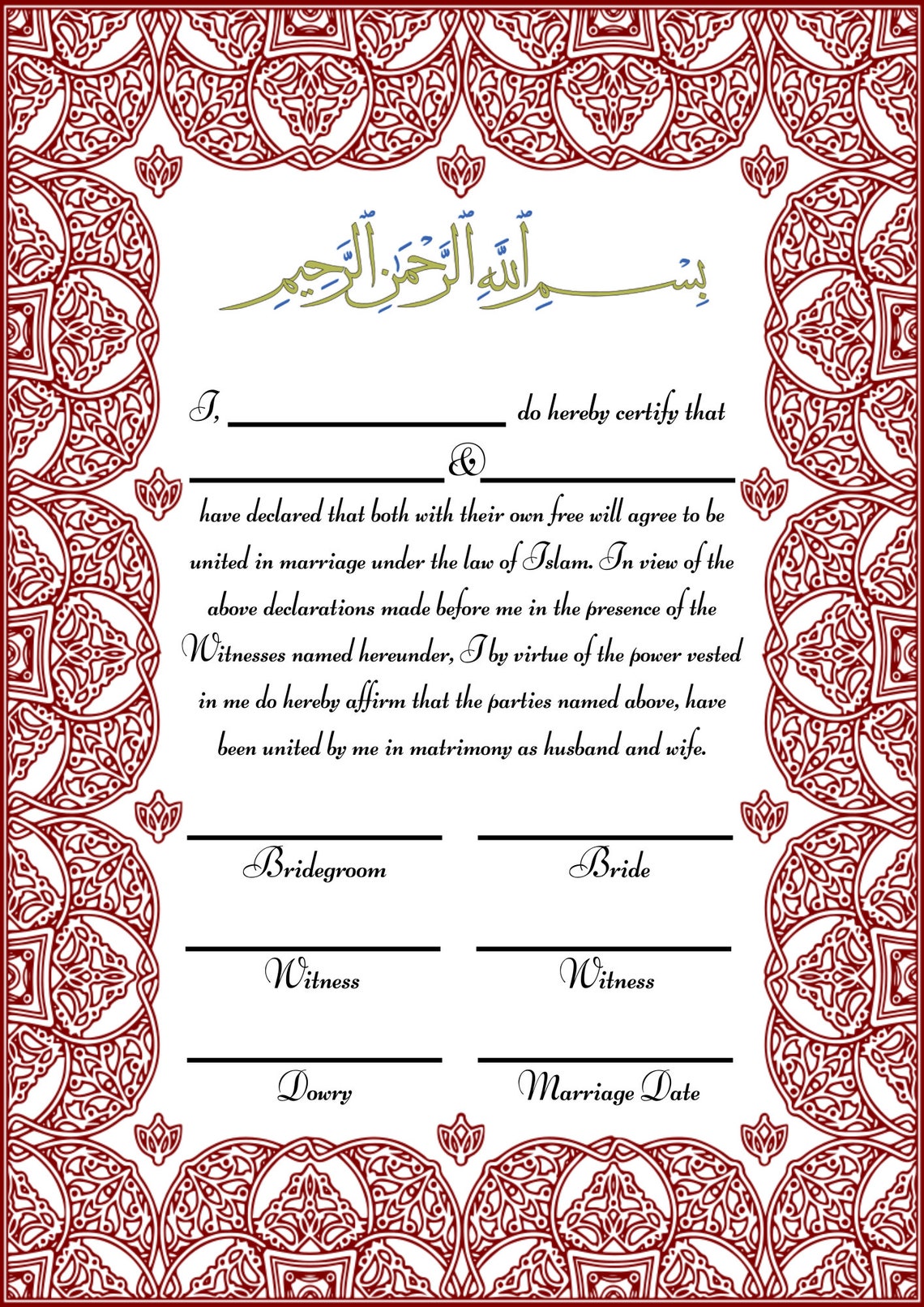 Printable Islamic Wedding Marriage Certificate Nikah Nama Certificate Set of 3 Digital Download ...
